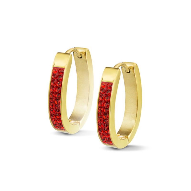 Red Bonded Crystal Gold plated Steel Oval Huggies - Click Image to Close